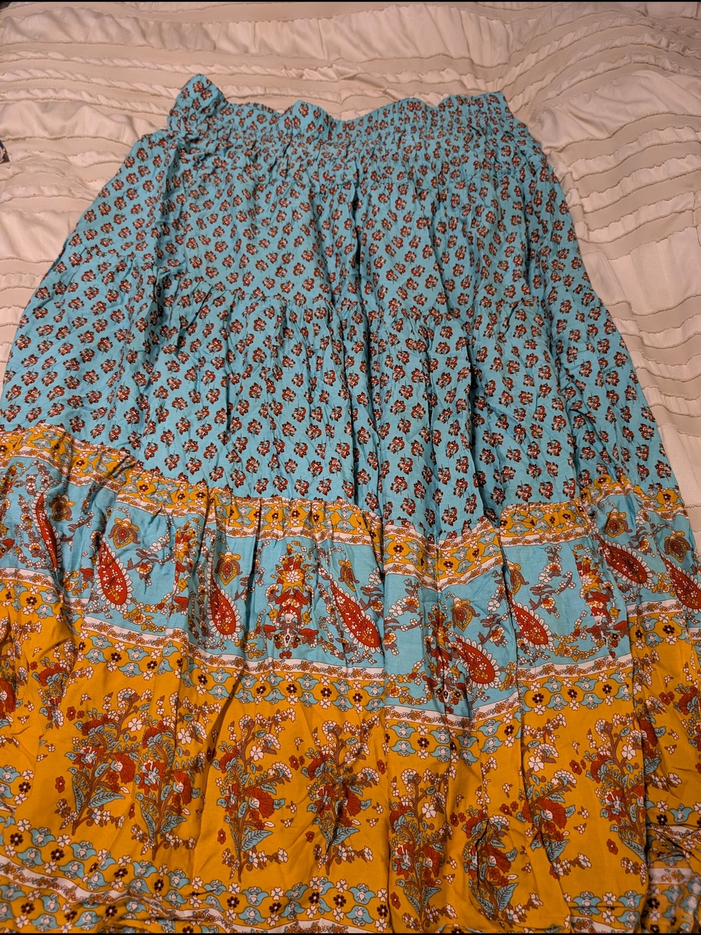 SHEIN Turquoise & Mustard Floral Tiered Maxi Skirt